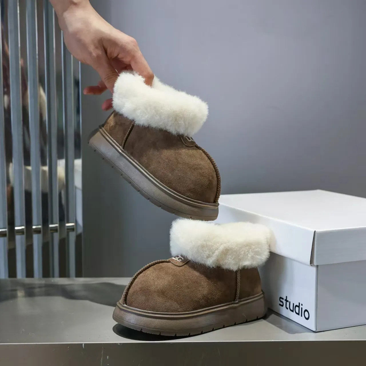 UGG Tasman Brown White Suede Upper Shearling Cuff Snow Boots 17