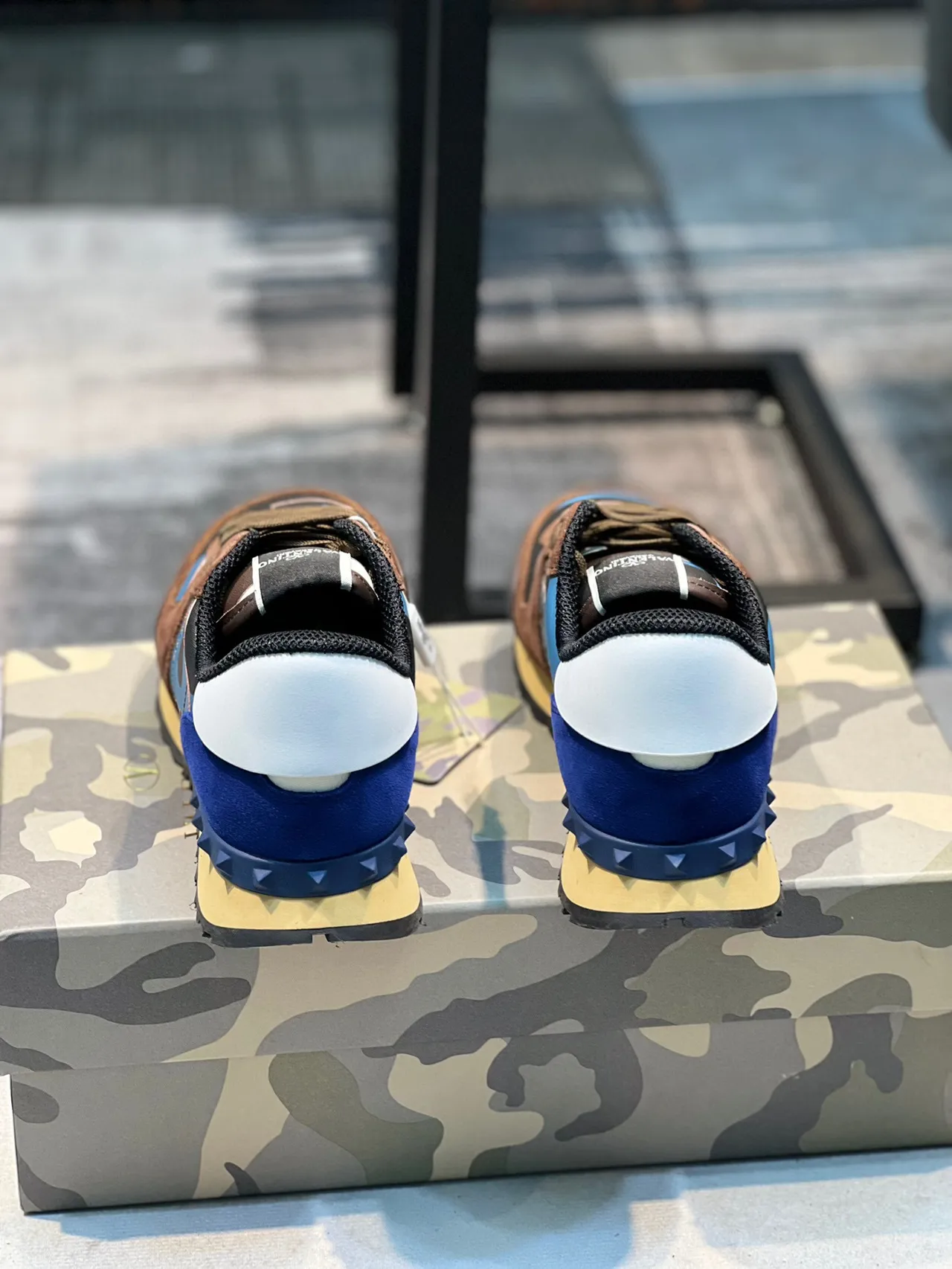 Valentino Brown Blue Camo-Print Panels Suede Overlay Lifestyle Sneakers 2
