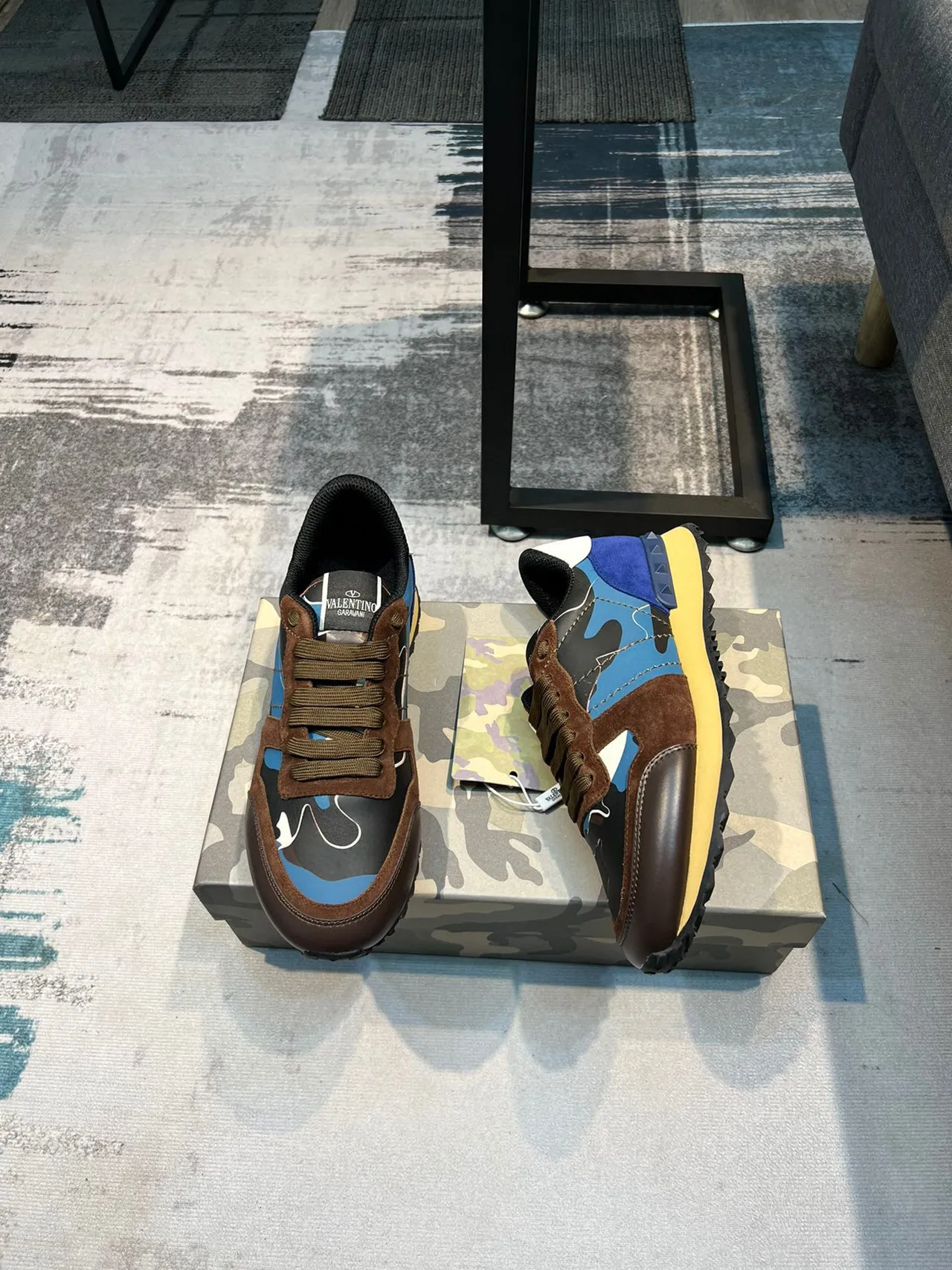 Valentino Brown Blue Camo-Print Panels Suede Overlay Lifestyle Sneakers 4