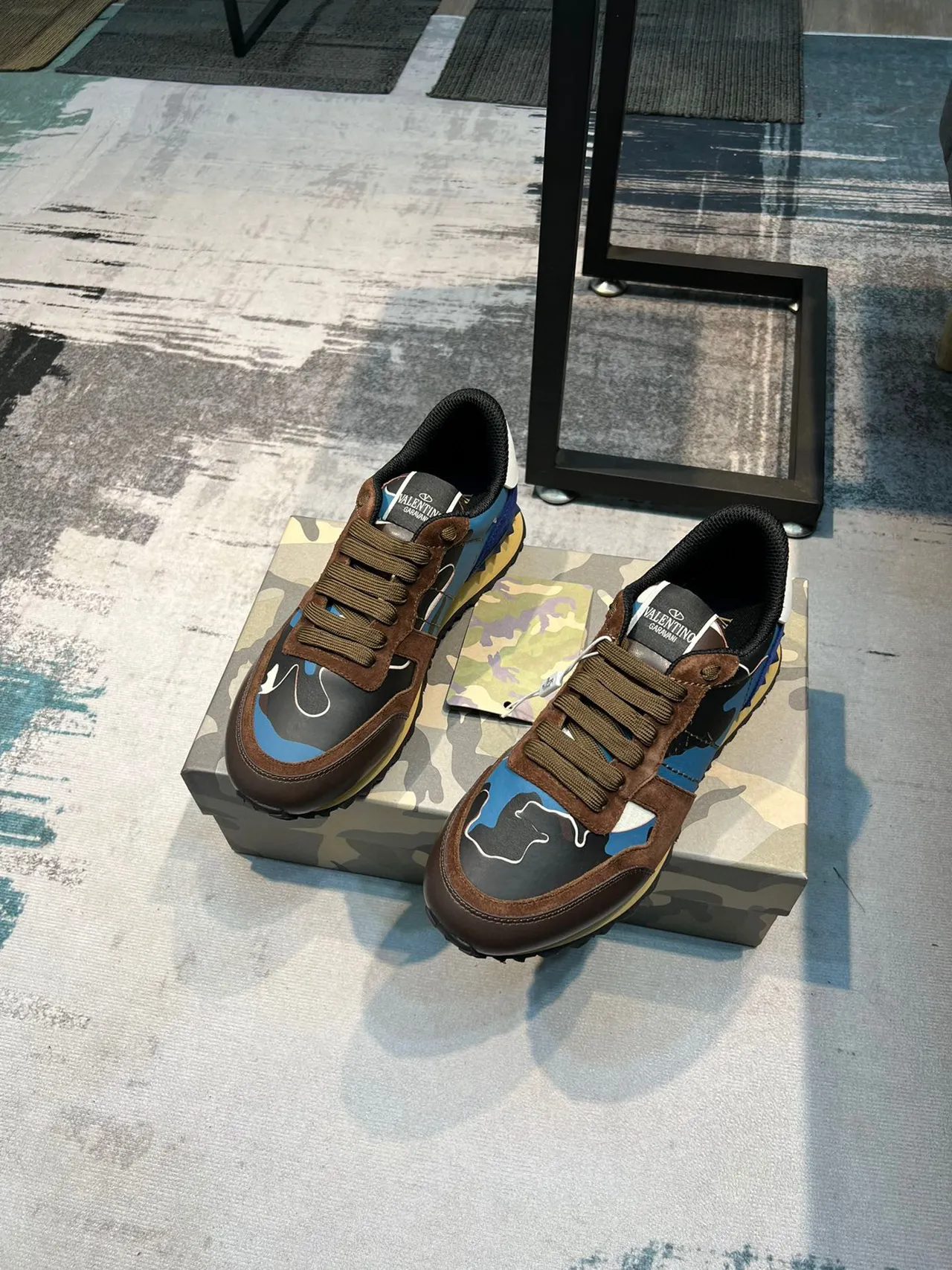Valentino Brown Blue Camo-Print Panels Suede Overlay Lifestyle Sneakers 5