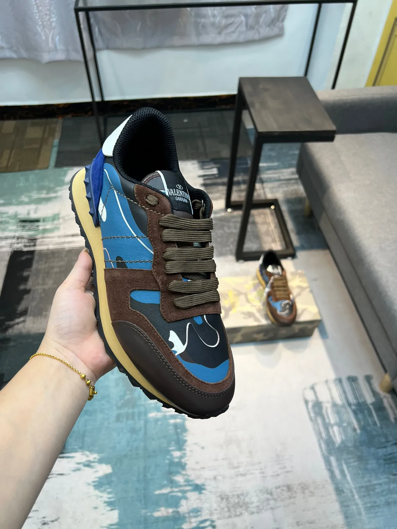 Valentino Brown Blue Camo-Print Panels Suede Overlay Lifestyle Sneakers 6
