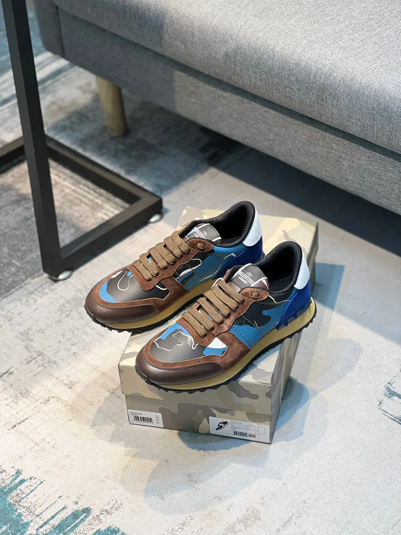 Valentino Brown Blue Camo-Print Panels Suede Overlay Lifestyle Sneakers 7