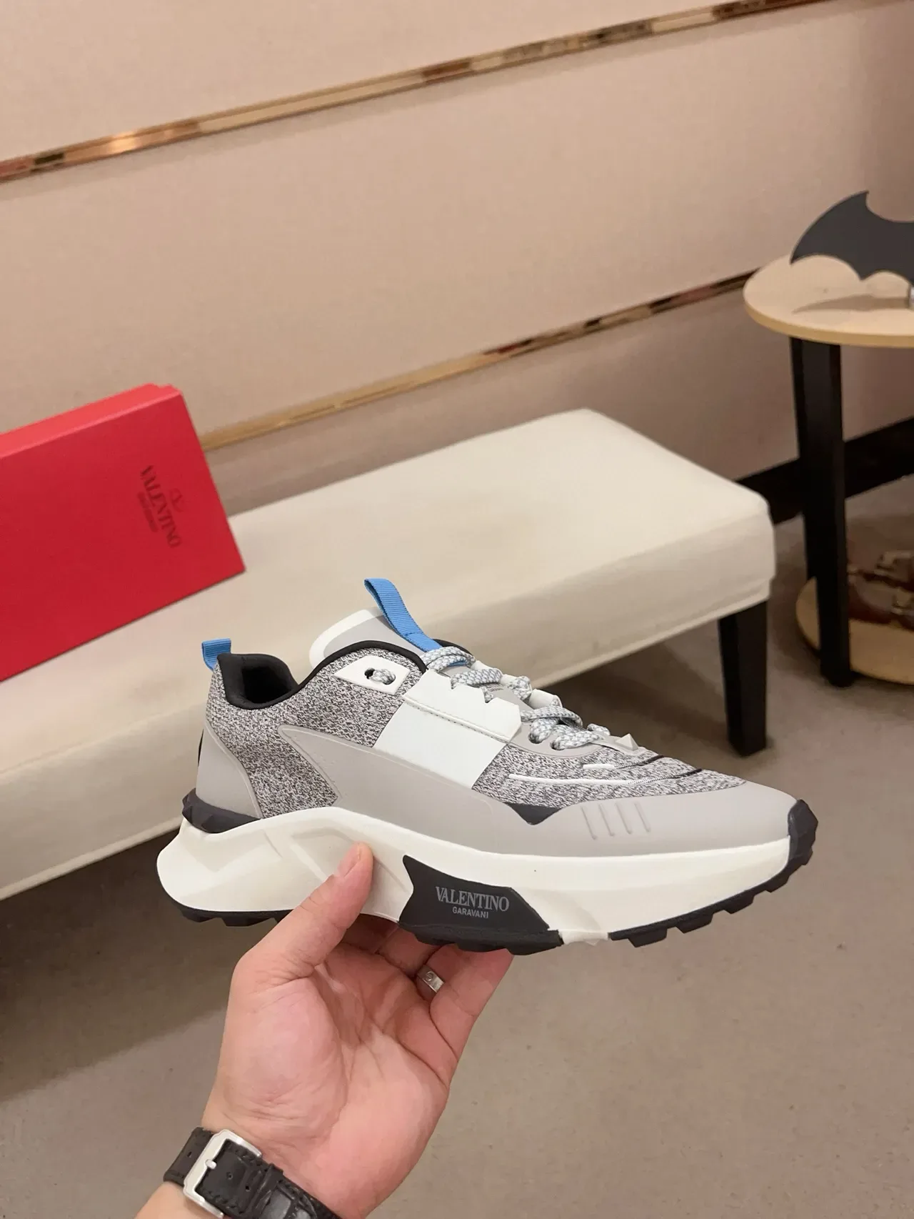 Valentino Gray White Sole Mixed-Material Upper Chunky Sneakers 4