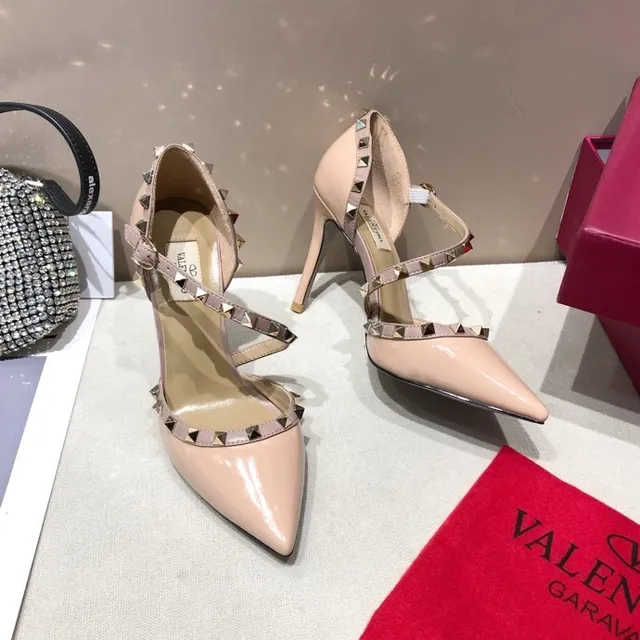 Valentino Rockstud Beige Gold Patent Leather T-Strap Stiletto 5