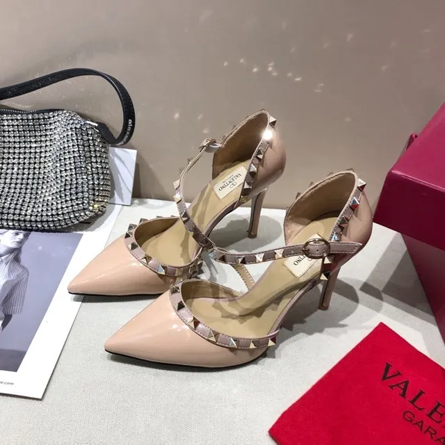 Valentino Rockstud Beige Gold Patent Leather T-Strap Stiletto 6
