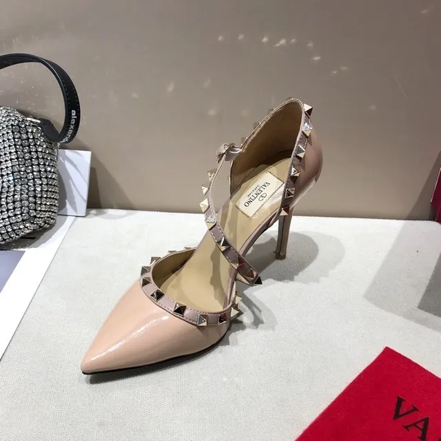 Valentino Rockstud Beige Gold Patent Leather T-Strap Stiletto 7