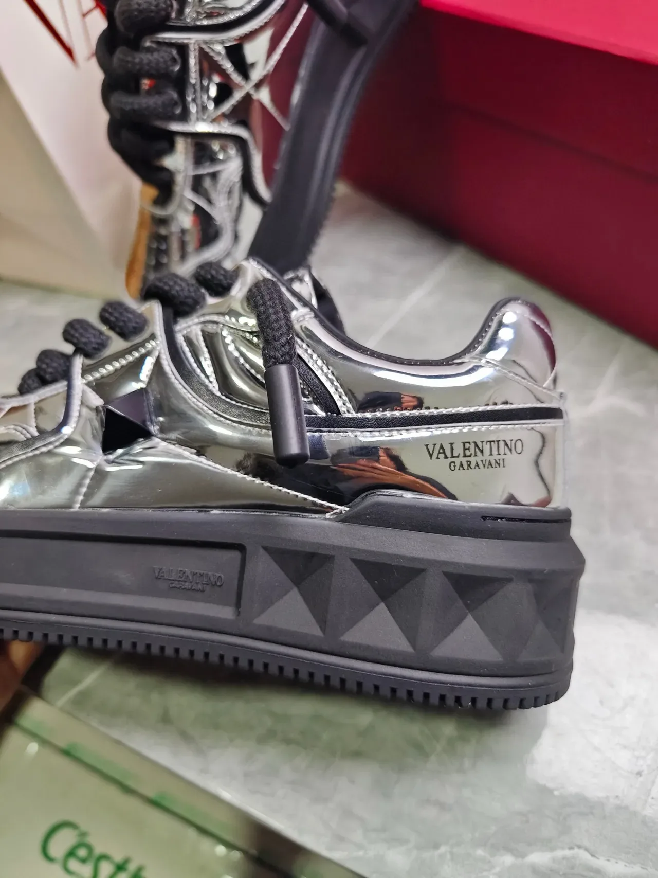 Valentino Rockstud Plata Negro Metálico Piel de Patente Cordones Trenzados Zapatillas Lifestyle 4
