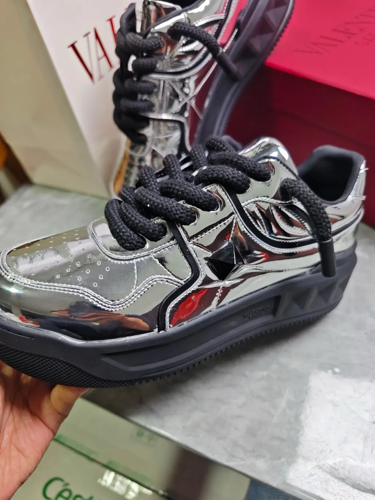 Valentino Rockstud Plata Negro Metálico Piel de Patente Cordones Trenzados Zapatillas Lifestyle 5