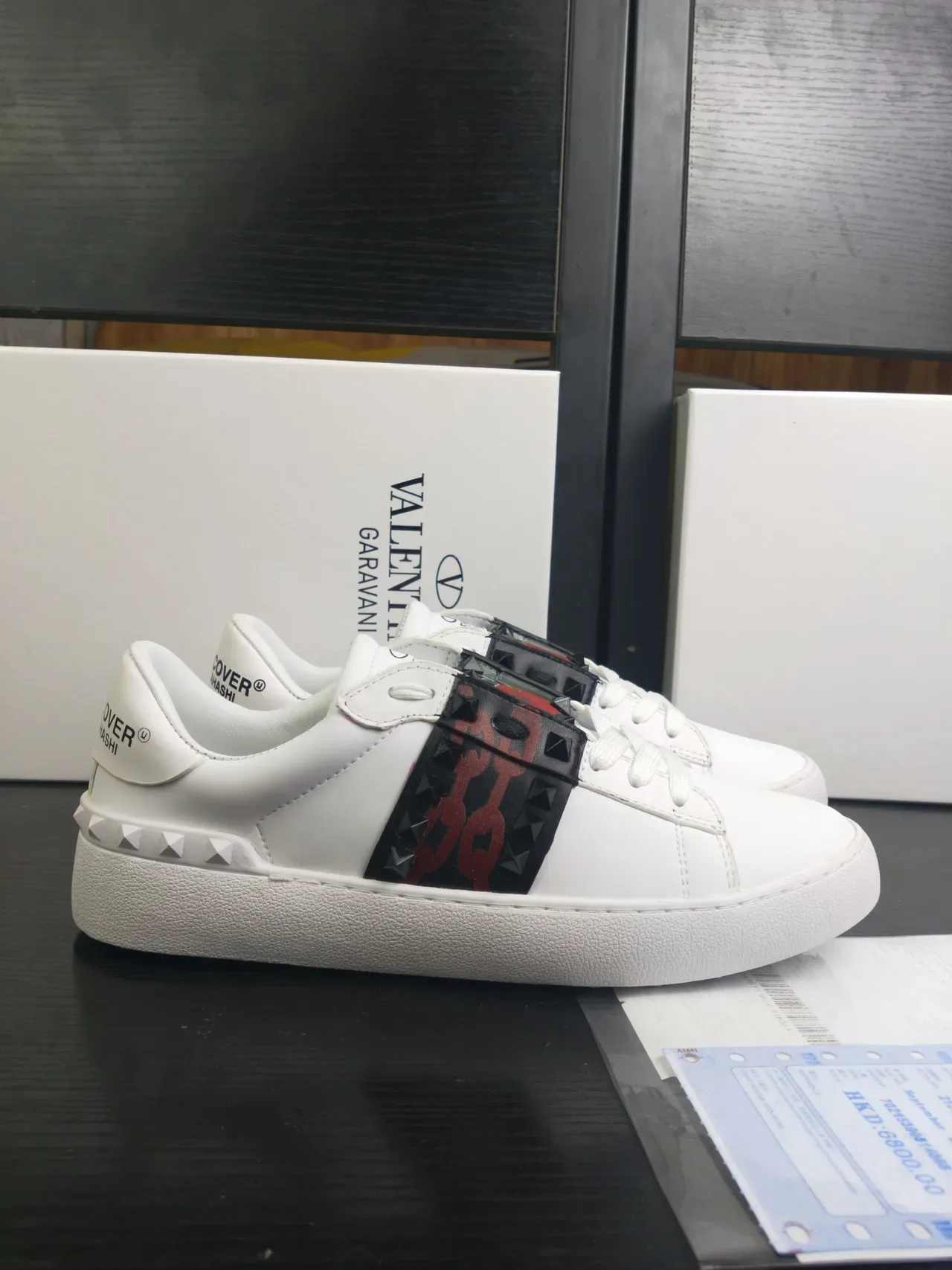 Valentino Rockstud White Black Leather Studded Strap Lifestyle Sneakers 3