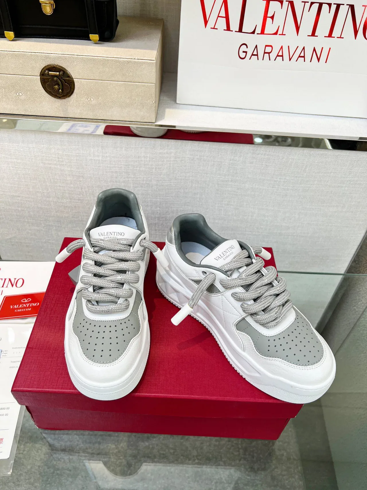 Valentino Rockstud White Gray Platform Sole Pyramid Stud Detail Lifestyle Sneakers 7