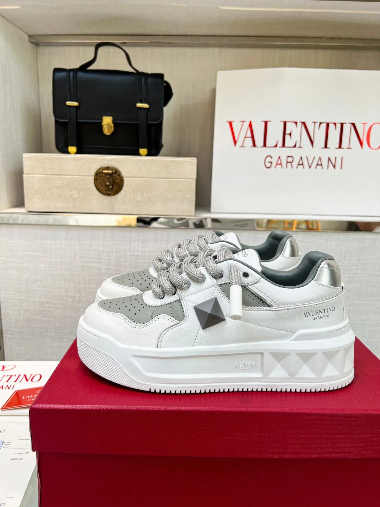 Valentino Rockstud White Gray Platform Sole Pyramid Stud Detail Lifestyle Sneakers 9