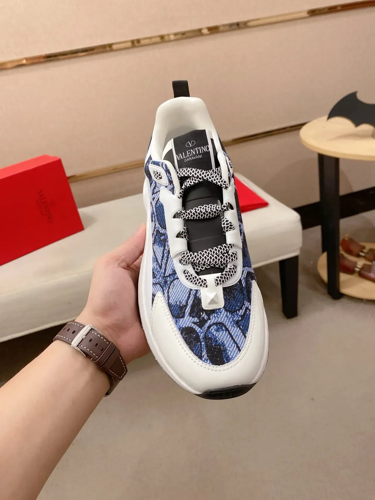Valentino Runner White Navy Sculpted Sole Mixed Textile And Leather Upper Chunky Sneakers 5