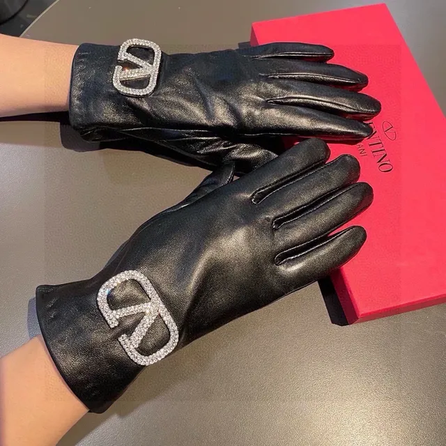 Valentino VLogo Crystal-Embellished Black Leather Gloves 3