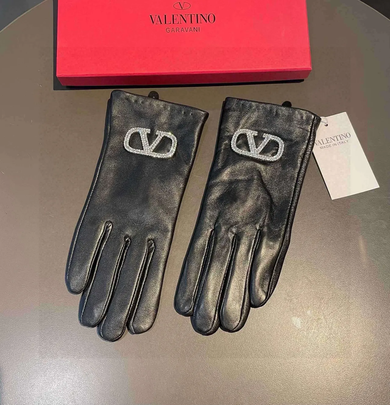 Valentino VLogo Crystal-Embellished Black Leather Gloves 4