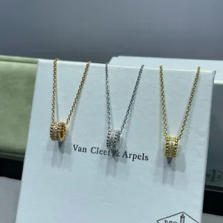 Van Cleef & Arpels Alhambra Gold Silver Cylindrical Beaded Pendant Pavé-Set Diamonds Necklace