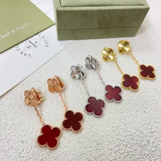 Van Cleef & Arpels Alhambra Red Stone and Gold Tone Chain Dangle Earrings