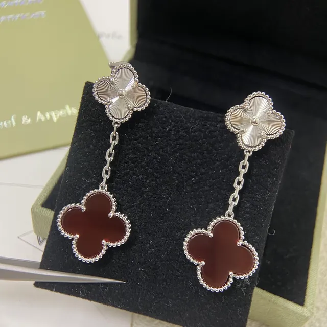 Van Cleef & Arpels Alhambra Red Stone and Gold Tone Chain Dangle Earrings 2