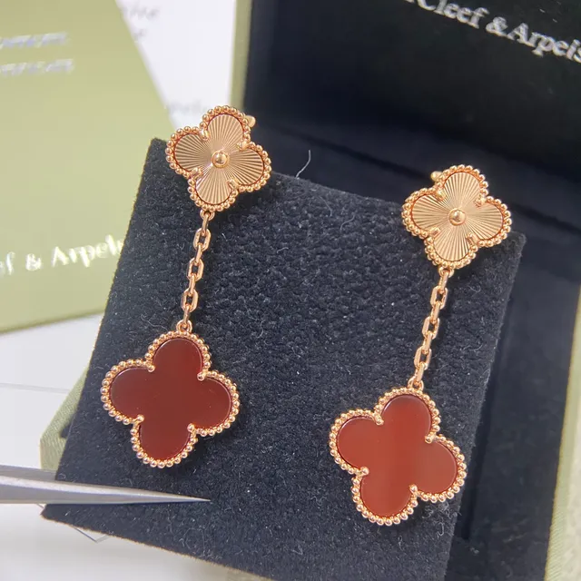 Van Cleef & Arpels Alhambra Red Stone and Gold Tone Chain Dangle Earrings 3
