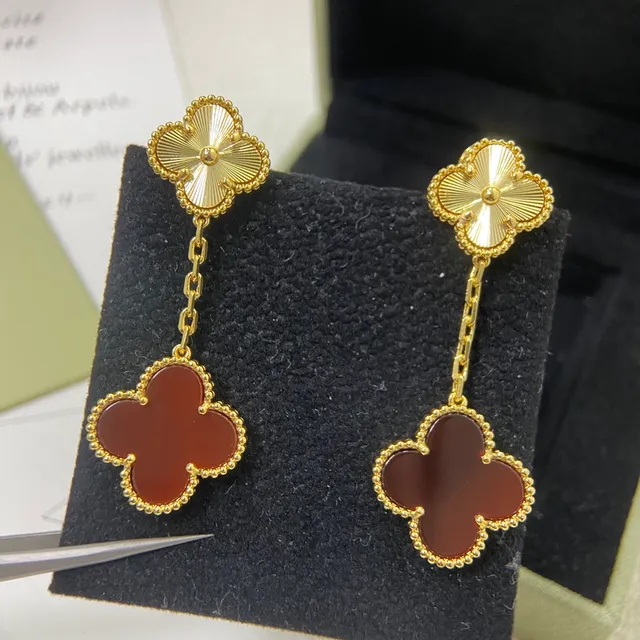 Van Cleef & Arpels Alhambra Red Stone and Gold Tone Chain Dangle Earrings 4