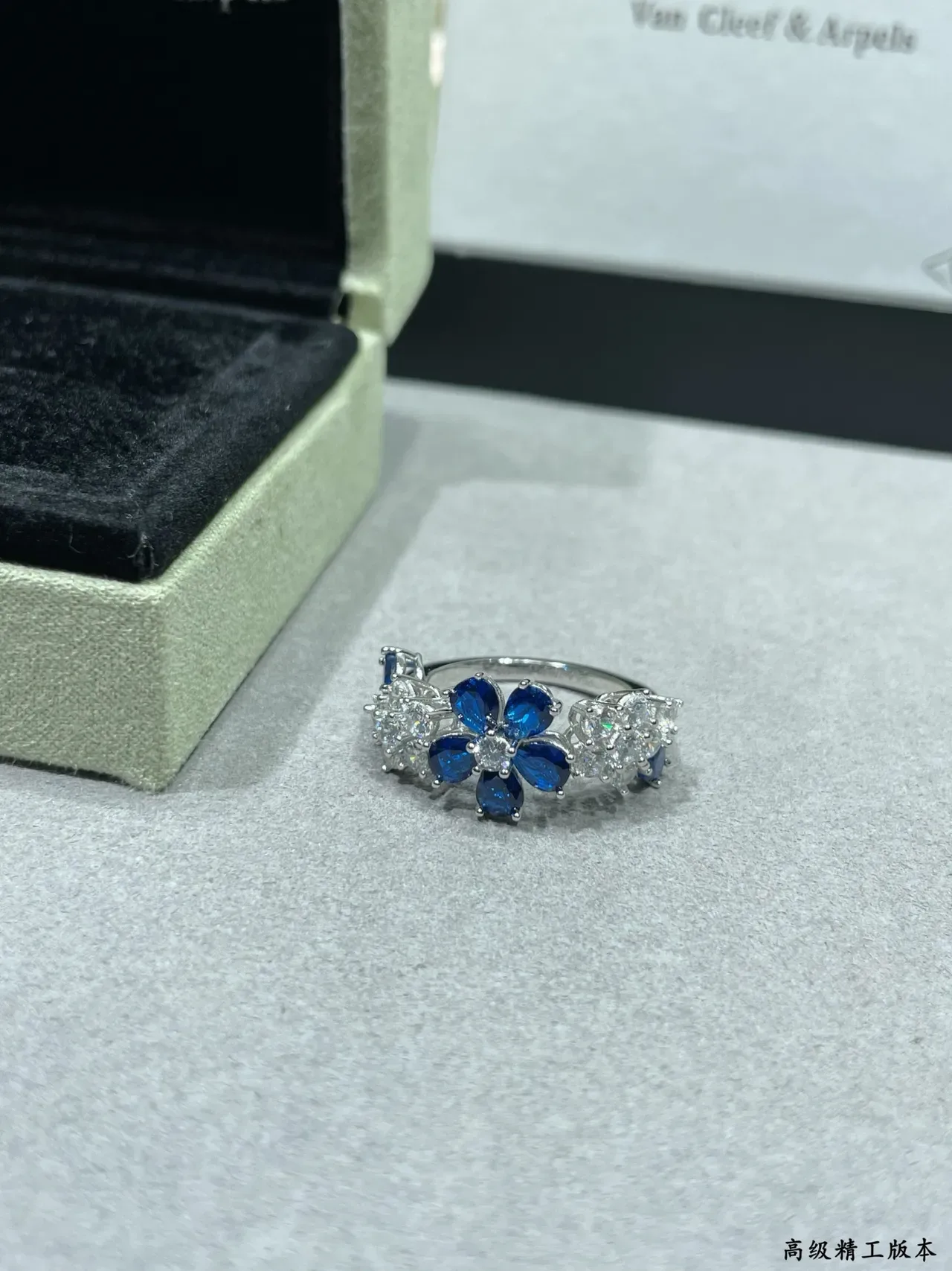 Van Cleef & Arpels Floral Motif Blue Sapphire and White Gemstone Ring 6