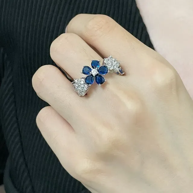 Van Cleef & Arpels Floral Motif Blue Sapphire and White Gemstone Ring 9