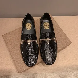 Versace Mocassin Noir Doré Cuir Croc-Embossed Medusa Horsebit Hardware