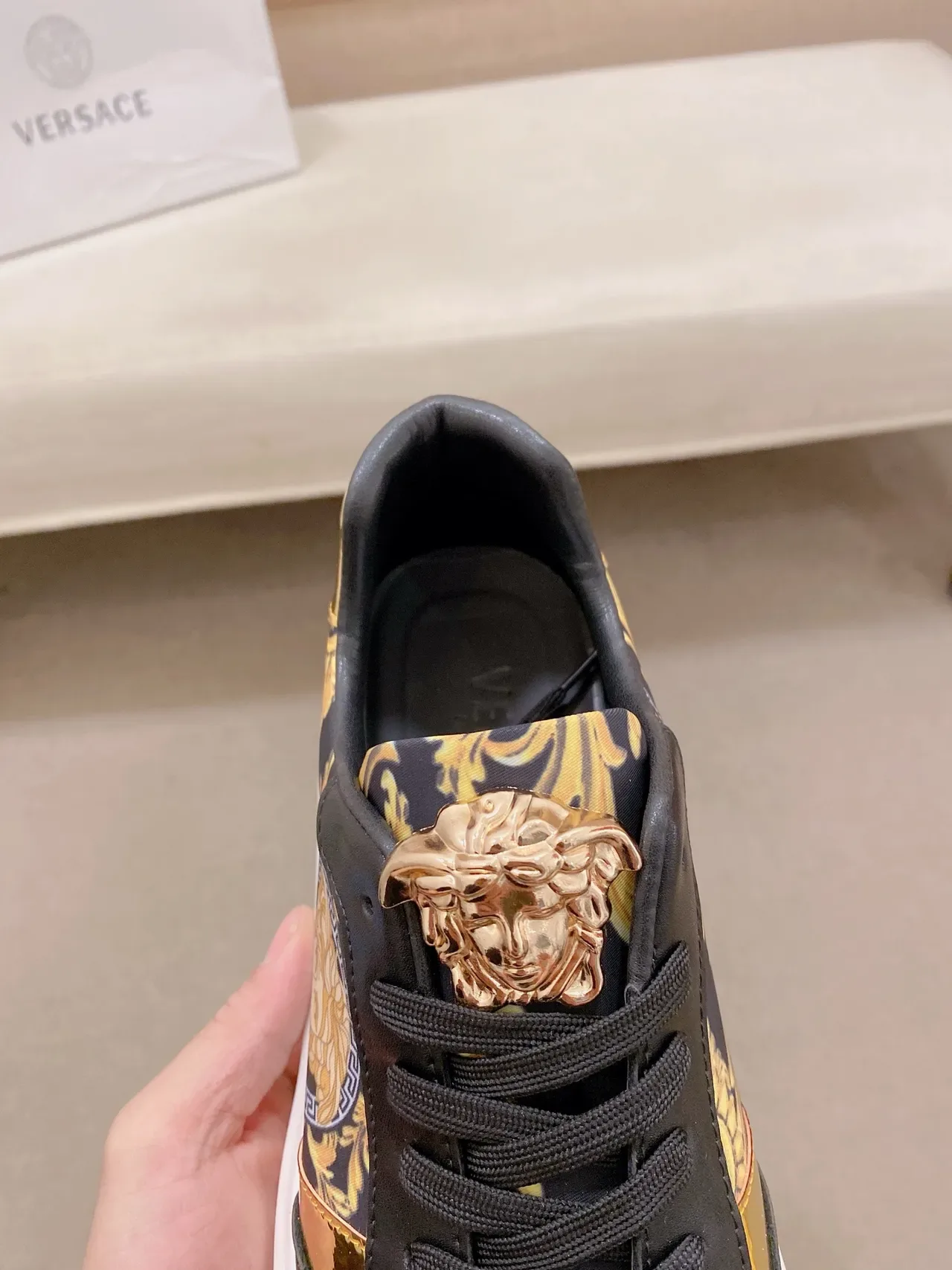 Versace Black Gold Medusa-Print Upper Lion Head Heel Tab Chunky Sneakers 4