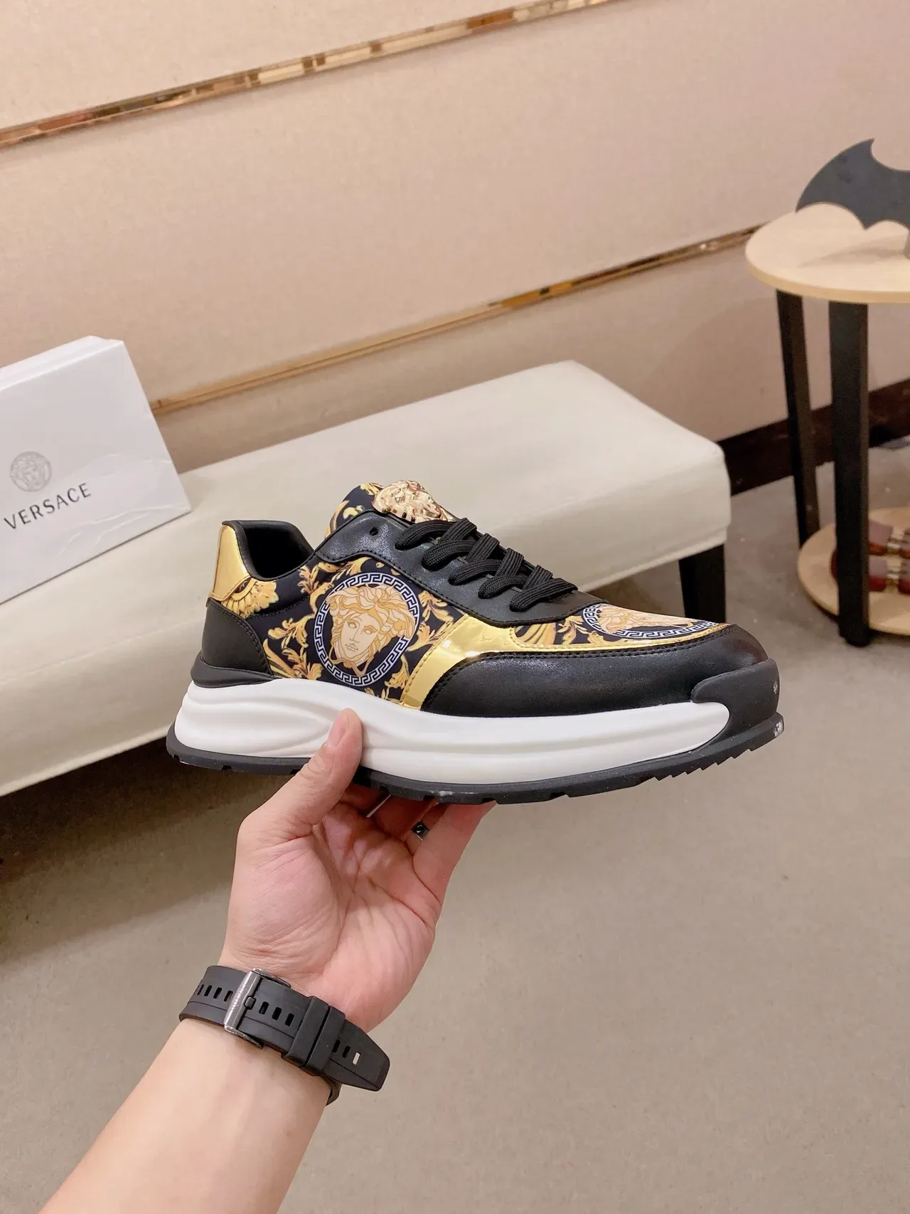 Versace Black Gold Medusa-Print Upper Lion Head Heel Tab Chunky Sneakers 5