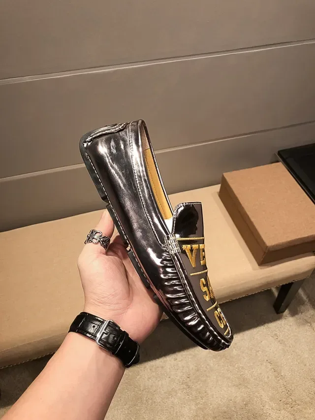 Versace Black Gold Patent Leather Logo Lettering Loafer 3