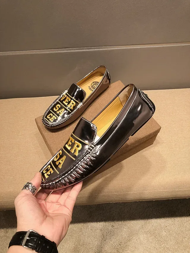 Versace Black Gold Patent Leather Logo Lettering Loafer 4