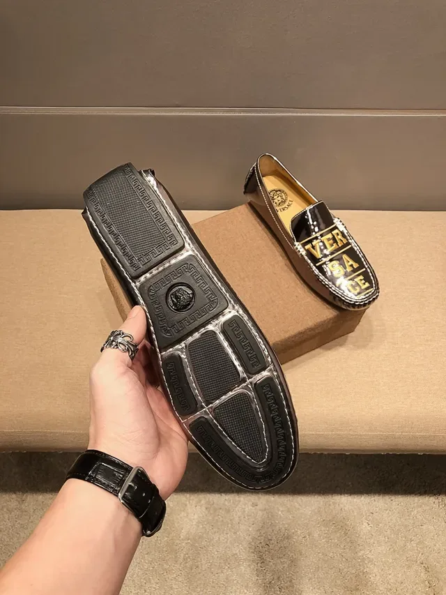 Versace Black Gold Patent Leather Logo Lettering Loafer 5