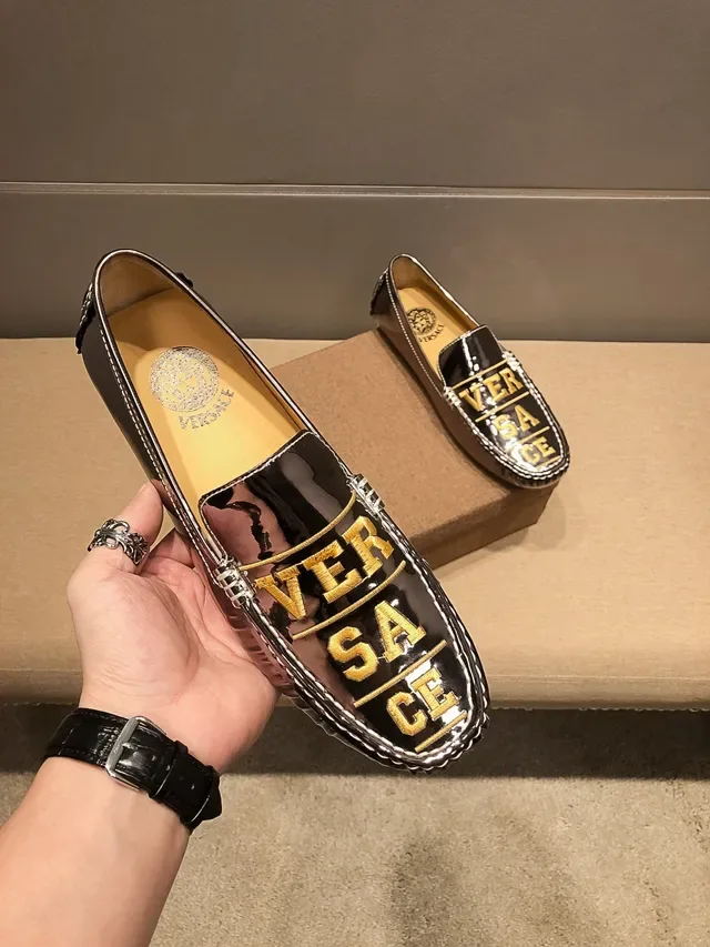 Versace Black Gold Patent Leather Logo Lettering Loafer 7