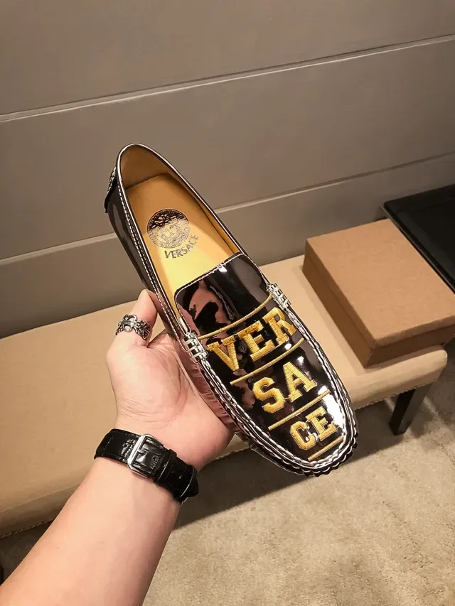Versace Black Gold Patent Leather Logo Lettering Loafer 9