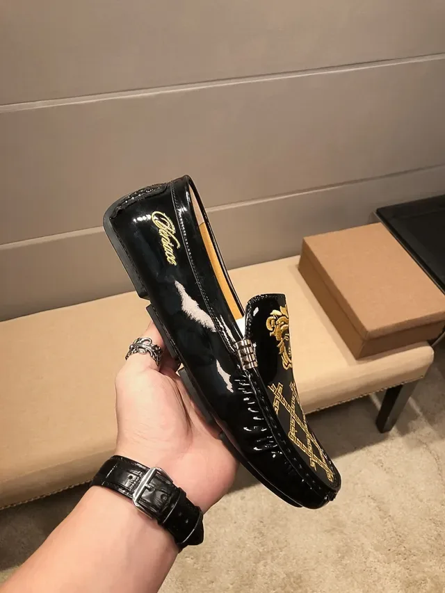 Versace Black Gold Patent Leather Medusa Head Loafer 7