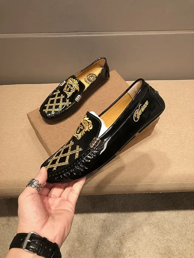 Versace Black Gold Patent Leather Medusa Head Loafer 8