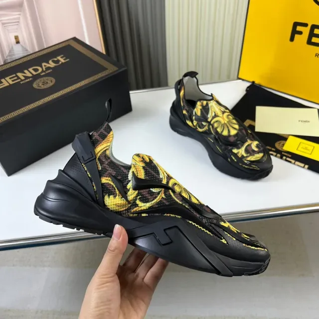 Versace Black Yellow Slip-On Baroque-Print Chunky Sneakers 4