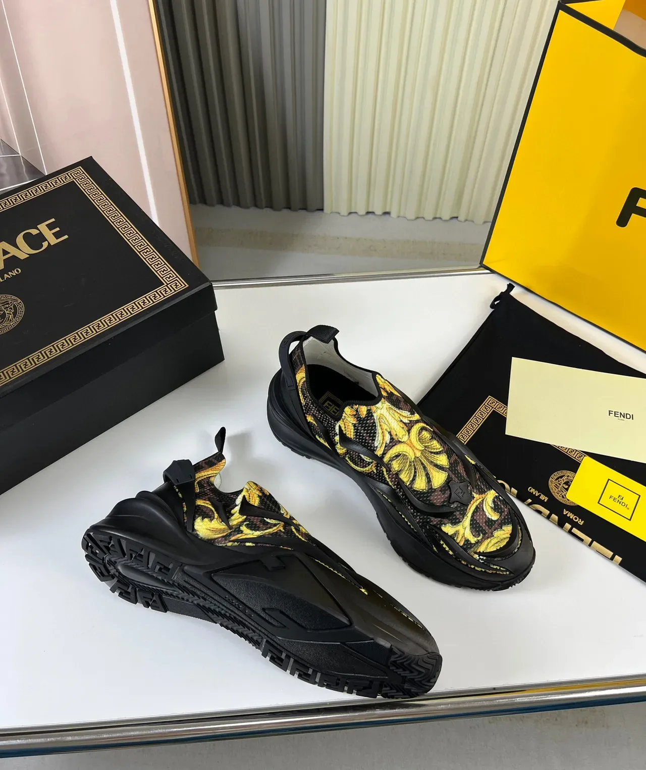 Versace Black Yellow Slip-On Baroque-Print Chunky Sneakers 5