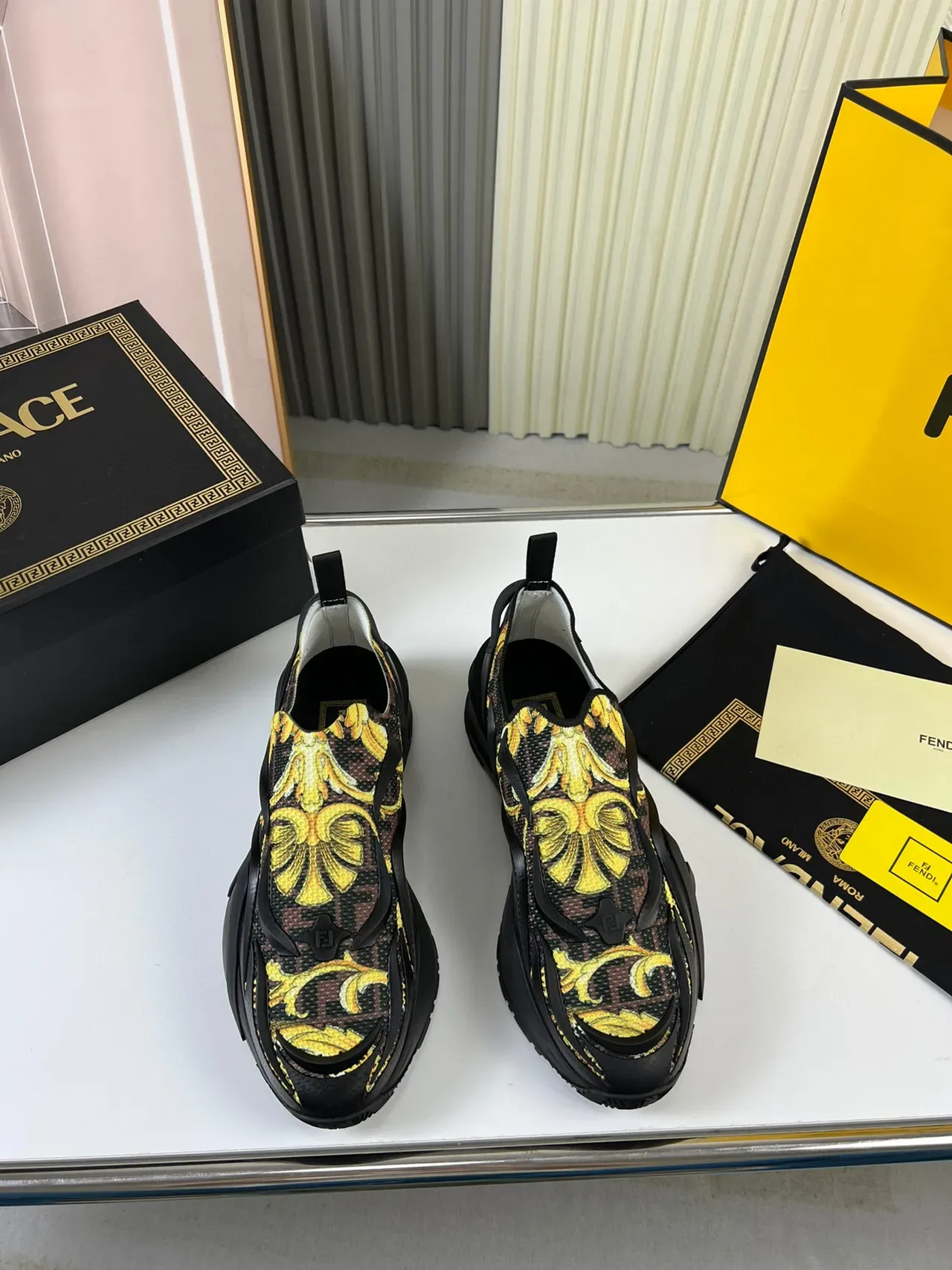 Versace Black Yellow Slip-On Baroque-Print Chunky Sneakers 7