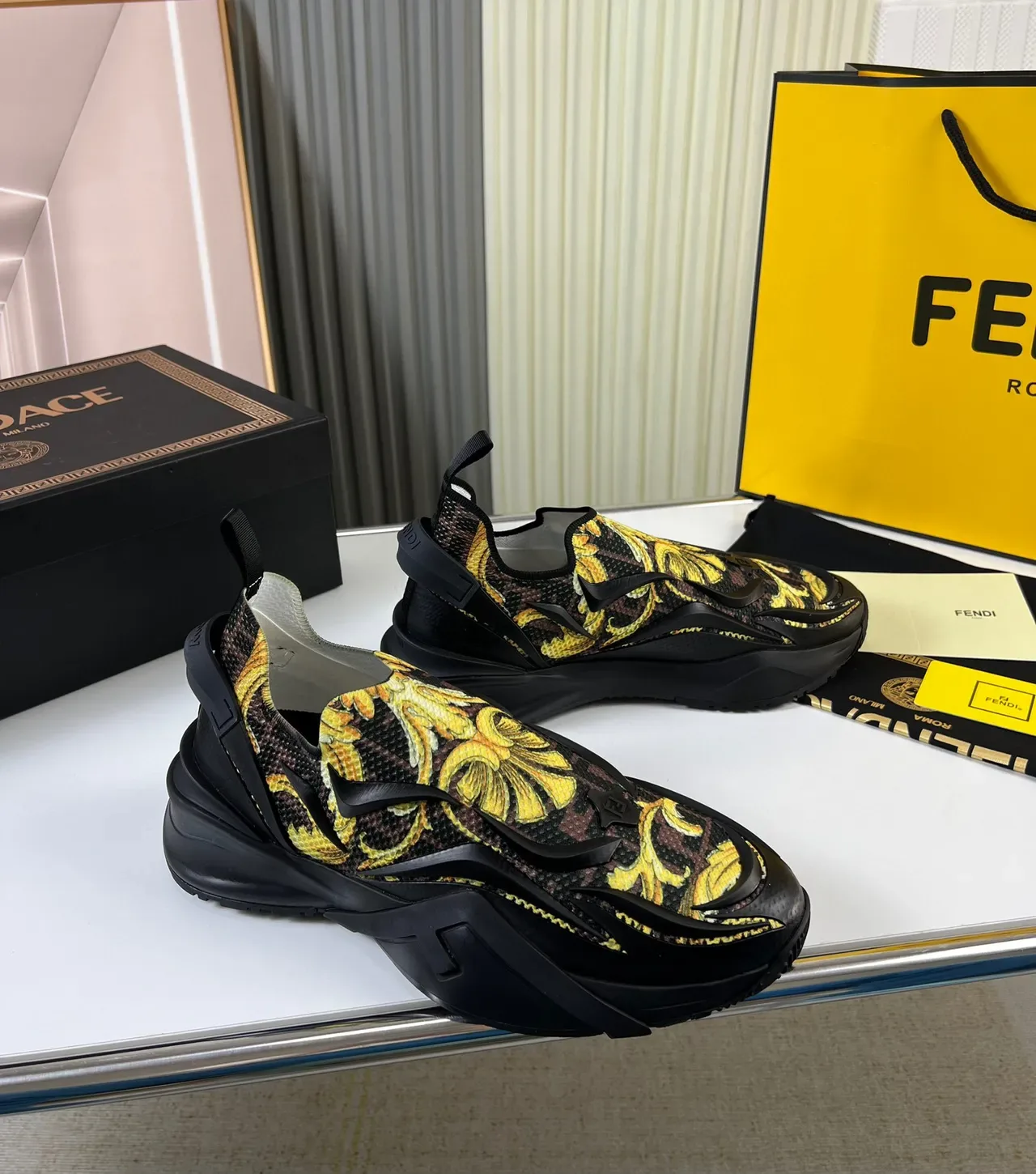 Versace Black Yellow Slip-On Baroque-Print Chunky Sneakers 8