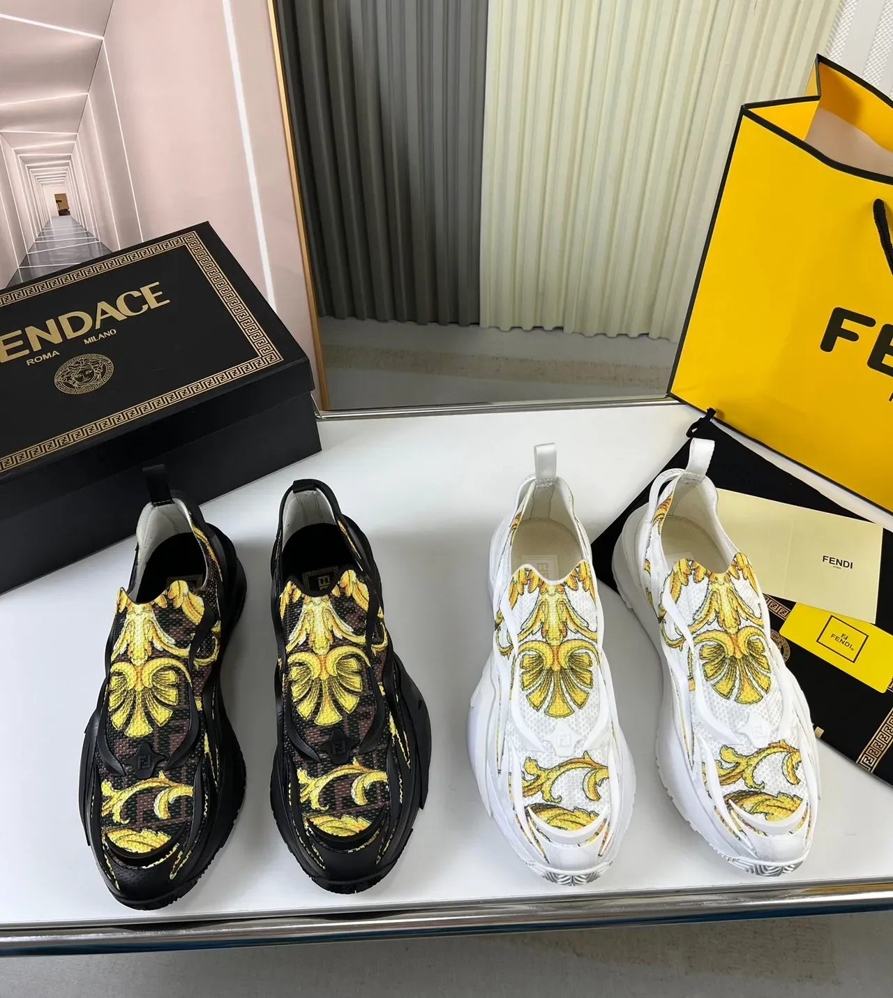 Versace Black Yellow Slip-On Baroque-Print Chunky Sneakers 9