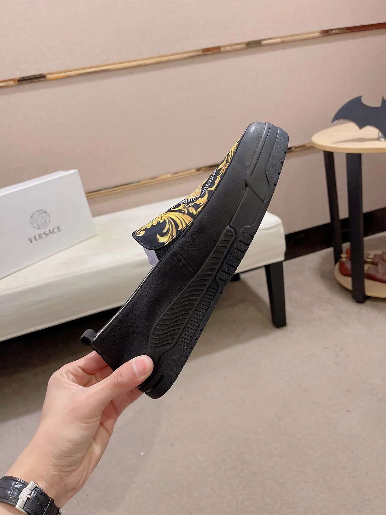 Versace Chain Reaction Negro Dorado Impresión Baroque Vamp Tacón Grueso Esculpido Loafer 6