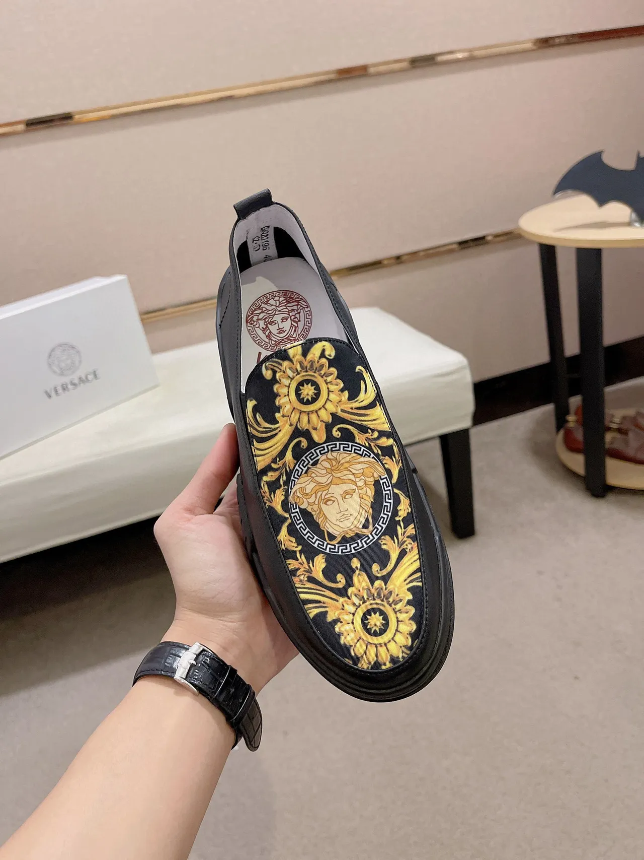 Versace Chain Reaction Negro Dorado Impresión Baroque Vamp Tacón Grueso Esculpido Loafer 9