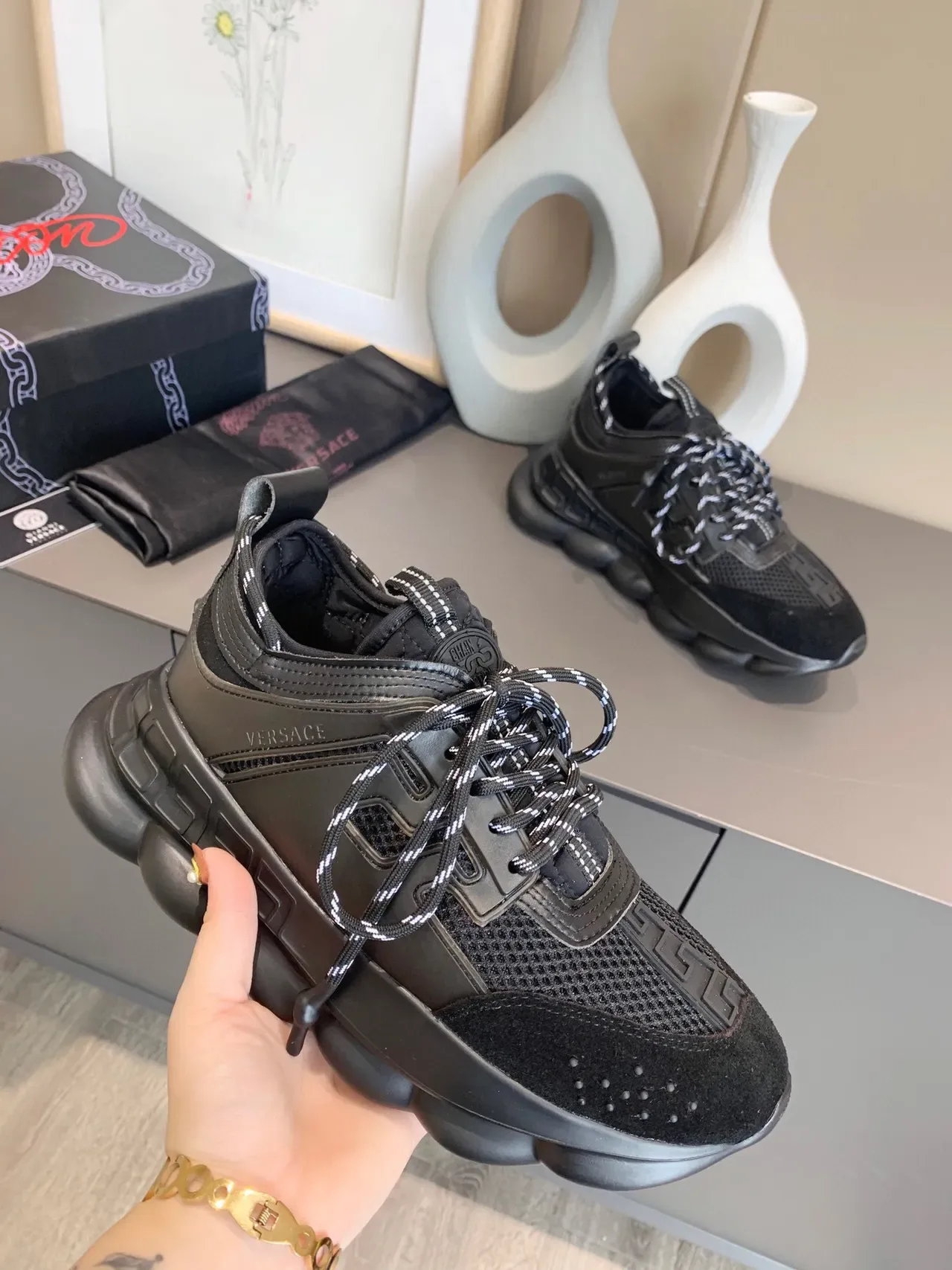 Versace Chain Reaction Black Mesh and Suede Chunky Sneakers 8