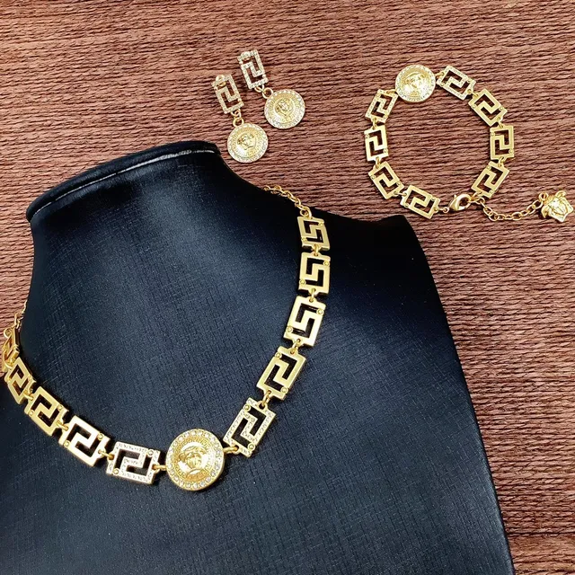 Versace Gold Silver Medusa Medallion Greek Key Links Necklace 3