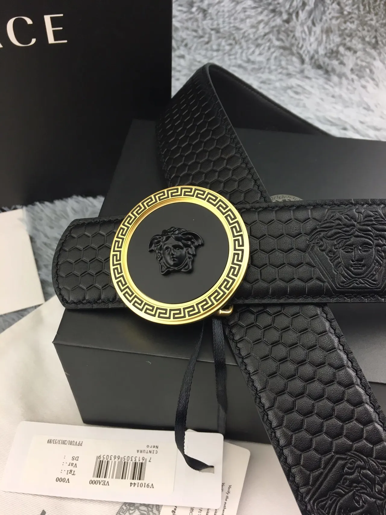 Versace Greca Odissea Black Hexagonal Embossed Leather Belt 9
