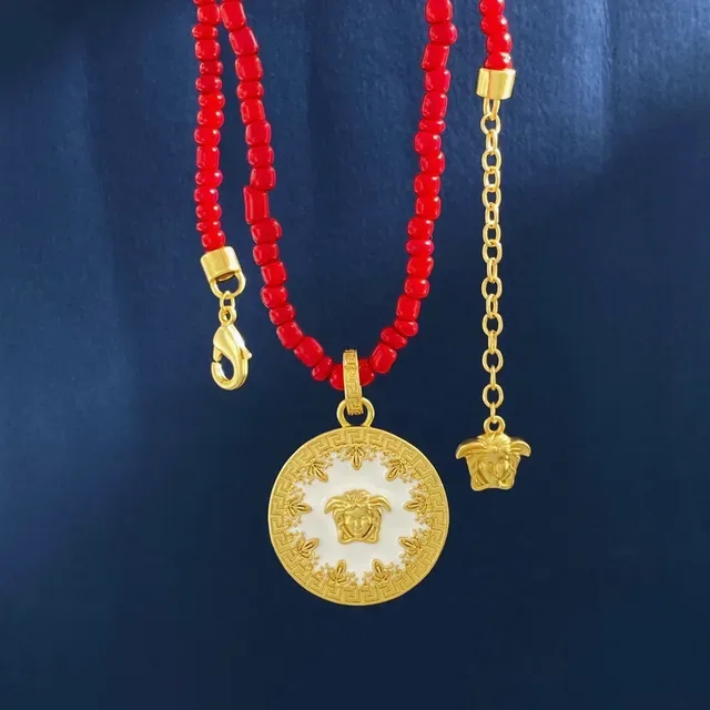 Versace Medusa Icon लाल सोने की मणि चेन पेंडेंट नेकलेस 7