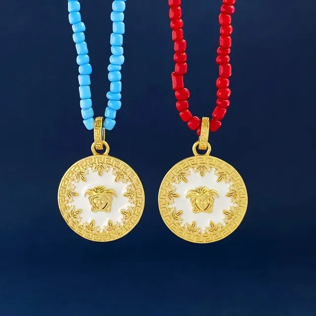 Versace Medusa Icon लाल सोने की मणि चेन पेंडेंट नेकलेस 8