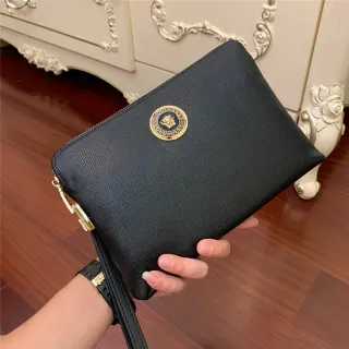 Versace Medusa Medallion Black Gold Textured Leather Wristlet