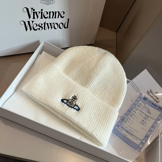 Vivienne Westwood Orb Beige Azul Gorro de tricot acanalado con puño plegado 6
