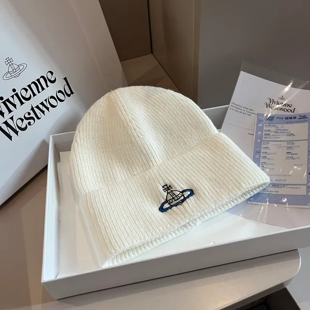 Vivienne Westwood Orb Beige Azul Gorro de tricot acanalado con puño plegado 7